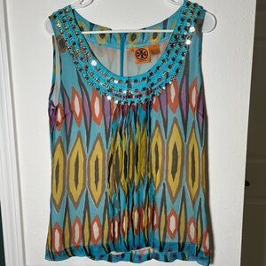 TORY BURCH Silk IKAT Print Sequin Embellished Tank Top Tunic Blouse 10 women’s